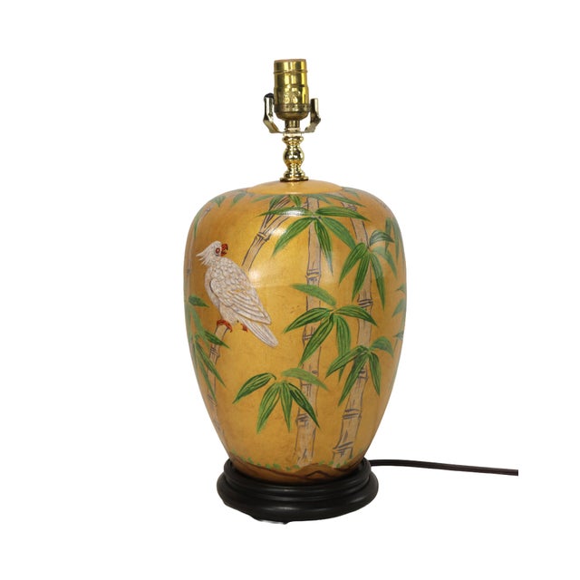 Hollywood Regency Vintage Hollywood Regency Style Hand-Painted Yellow Ceramic Bird and Bamboo Table Lamps - a Pair For Sale - Image 3 of 13