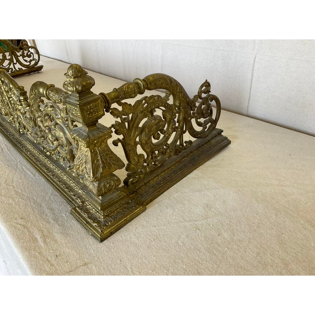 Metal Fine Antique Lions Head Brass Fireplace Fender With Acorn Finials For Sale - Image 7 of 14