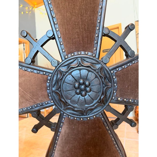 2020s Iron Cross Gothic Accent Chair in Brown Velvet and Leather With Nailhead Trim For Sale - Image 5 of 8
