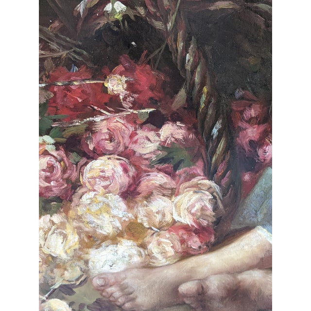 Wood Late 19th Century Attributed Sophie-Vera Bovet Large Vivid Floral Figurative Oil Painting, Green & Gold Gilt Frame For Sale - Image 7 of 17