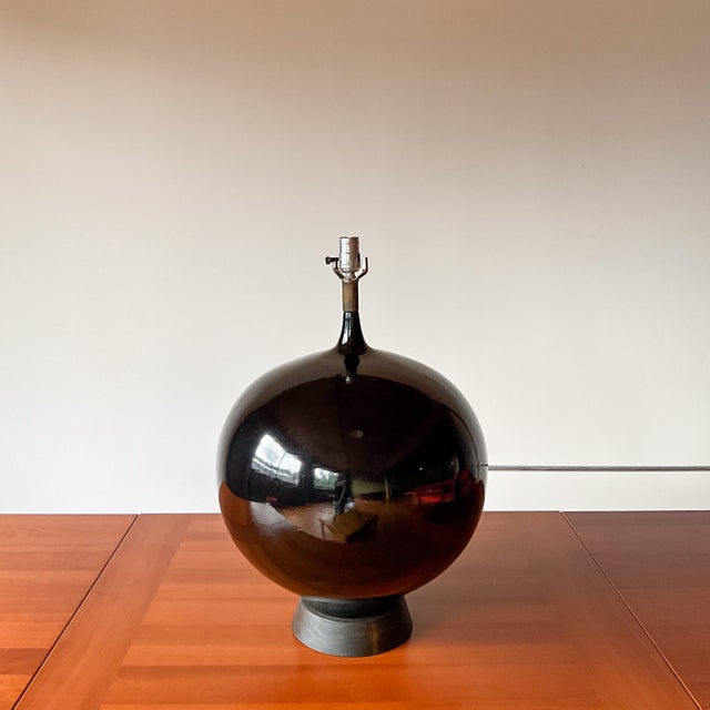 Mid 20th Century Mid Century Modern XL Black Ceramic and Walnut Sphere Table Lamp For Sale In Portland, OR - Image 6 of 14