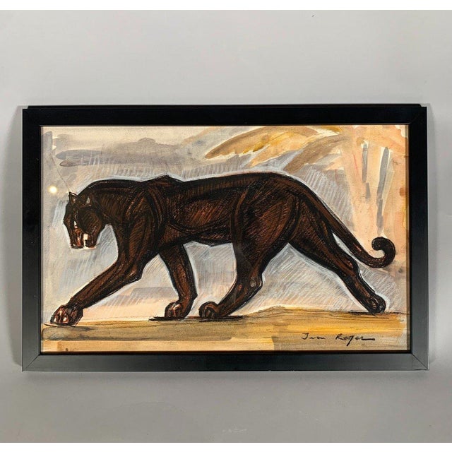 Jean Royer (20th Century) Drawing of a Panther in Motion, Modern Charcoal For Sale