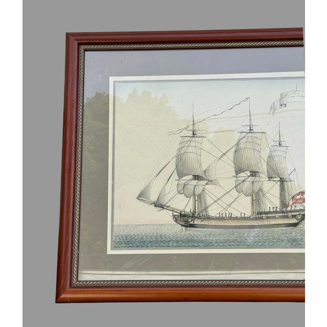 An antique framed sailing battleship hand- colored etching print titled Nave il Cesare l'Augusto Originally published...