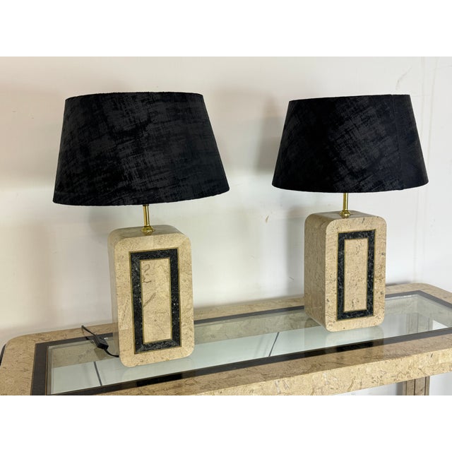 Vintage Italian Style Table Lamps in Travertine Marquetry with Brass Details from Maitland Smith, 1980s, Set of 2 For Sale - Image 6 of 11