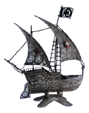 Silver Filigree Caravel with Enamelled Crosses on the Sails and Mast
