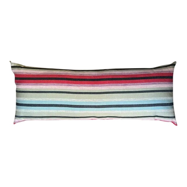 Long South West Sunbrella Outdoor Lumbar Pillow in Pink Stripes & Down Filling For Sale