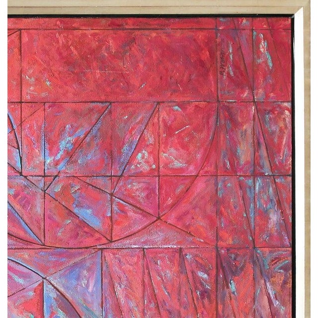 1985 Modern Red and Blue Geometric Abstract Painting With Linear Shapes ...