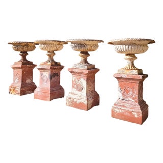 Large Cast Iron Garden Vases on Terracotta Bases, 19th Century, Set of 4 For Sale