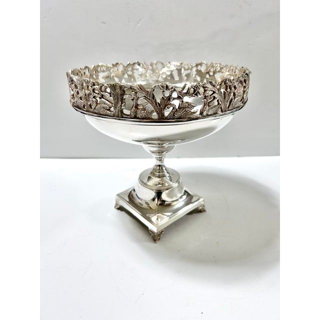 1940s Vintage Silverplate Swan Pedestal Compote Bowl With Pierced Gallery Centerpiece For Sale - Image 5 of 10