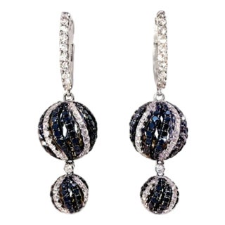 Late 20th Century 18K White Gold Black Diamond Hoop Drop Sphere Ball Earrings Estate, Pair For Sale