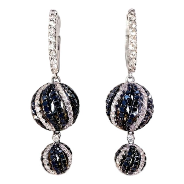 Late 20th Century 18K White Gold Black Diamond Hoop Drop Sphere Ball Earrings Estate, Pair For Sale