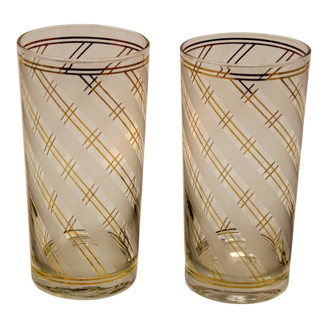 Vintage Art Deco Culver Gold Striped Set of 2 High Ball Tumblers For Sale