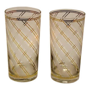 Vintage Art Deco Culver Gold Striped Set of 2 High Ball Tumblers