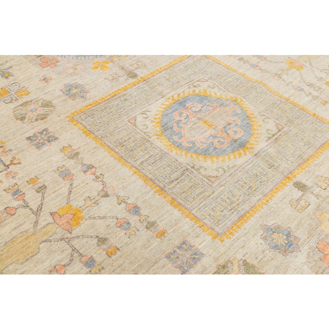 Modern Khotan Style Hand-Knotted Wool Rug - Pastel Geometric Medallion Design For Sale - Image 10 of 11