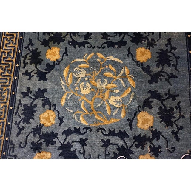 Cerulean Antique 1880s Blue Classic Greek Key Chinese Peking Knotted Wool Small Rug For Sale - Image 8 of 9