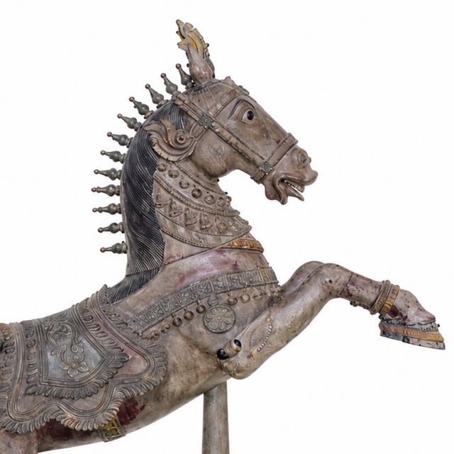 An exquisite antique carved vahana horse from India, captured in a dramatic rearing pose that brings sculptural energy to...