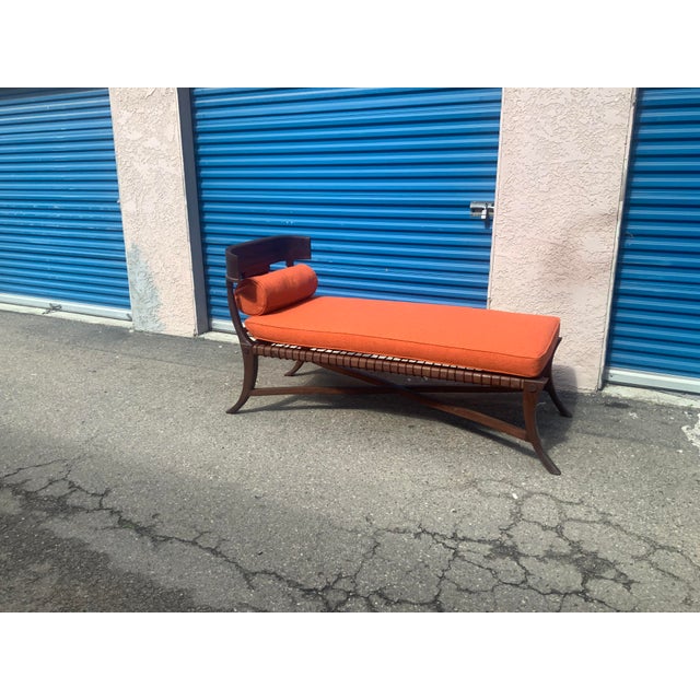 Modern mid century style Klismos chaise. Made in the manner of Robsjohn Gibbings. The chaise is made of walnut and done in...