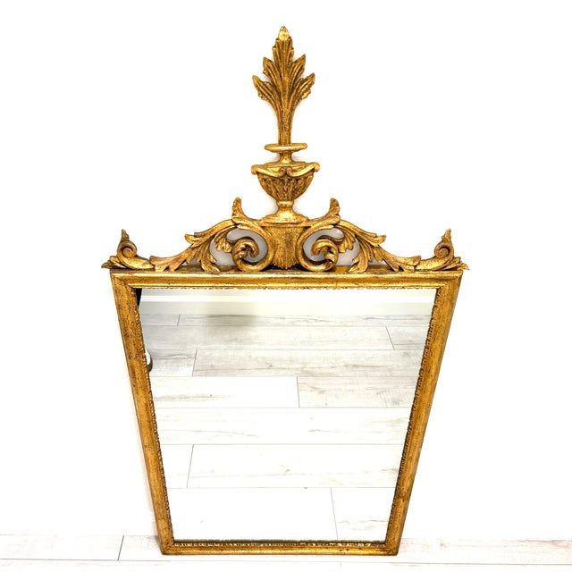 Wood Rococo Style Italian Gold Leaf Scrolled Vase Acanthus Leaf Crest Mirror For Sale - Image 7 of 10