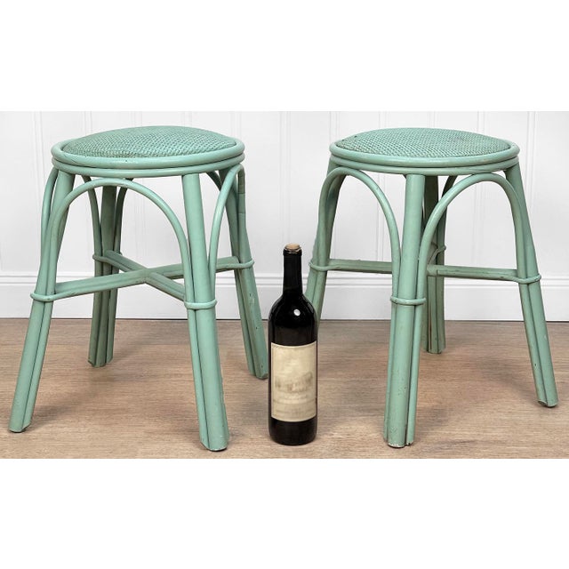 - Original Pair of 1970's Round Rattan Stools - Bentwood Natural Rattan Construction - Original Bright Turquoise Painted...