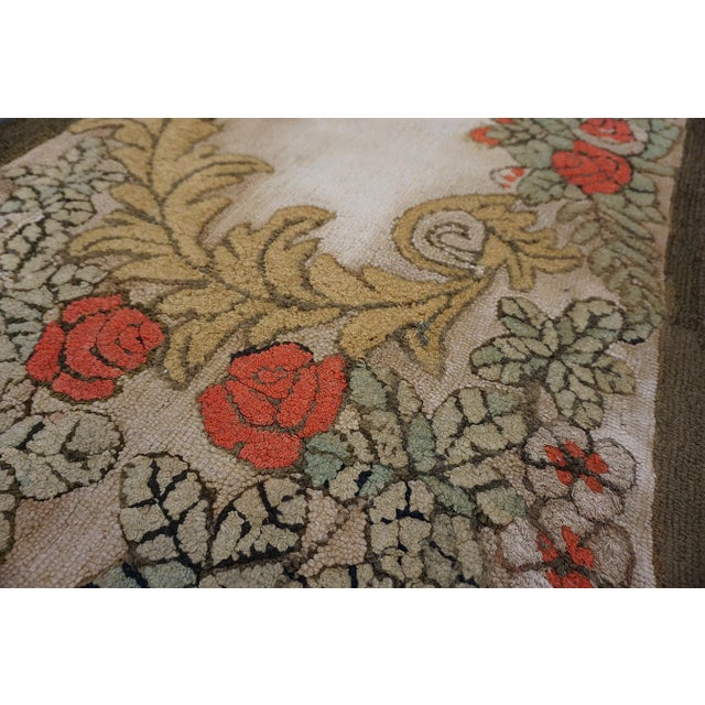 Late 19th Century 1880s Ivory Roses Folk Art Antique American Hooked Rug 2'8" X 4'11" Handknotted Wool Carpet For Sale - Image 5 of 6