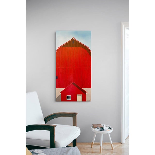 Still the Heartland by Justin Wheatley | Acrylic on Canvas Red Barn With Blue Sky For Sale In Denver - Image 6 of 10