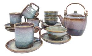 17 Piece Gia Oanh Kiln Vietnam Bat Trang Dual-Glaze Ceramic Tea & Espresso Set for 4