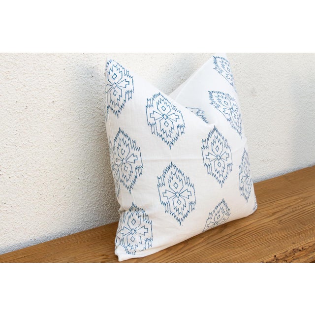 White & Blue Jaipur Blockprint Linen Pillow Cover For Sale - Image 4 of 6