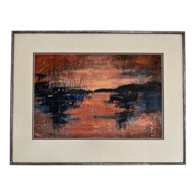 Mabel Palmer Painting "Red Dusk" Bodega Bay Sunset Impressionistic Mixed Media - Signed For Sale