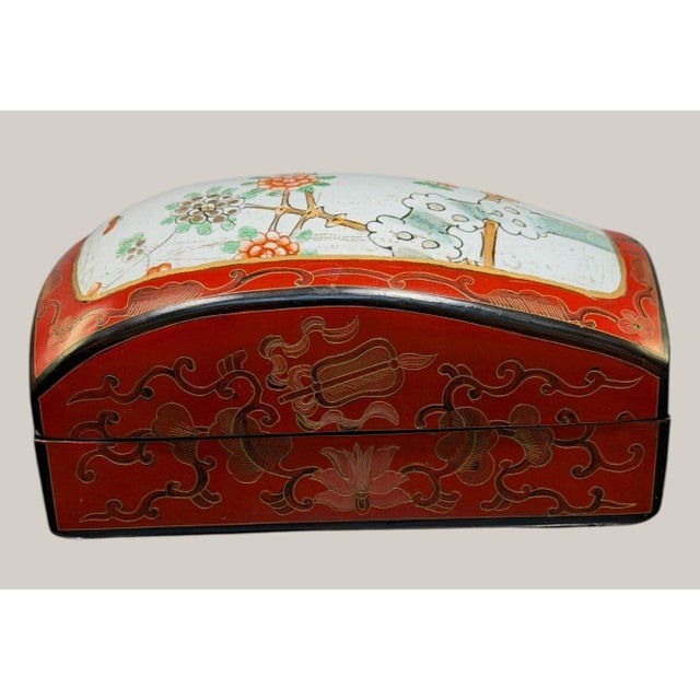 Late 20th Century Antique Chinese Red Lacquer Box Porcelain Plaque Metal Inlay C1920 For Sale - Image 5 of 18