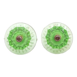 Pair of Vintage 1.75 In. Fluted Green Glass Cabinet Knobs For Sale