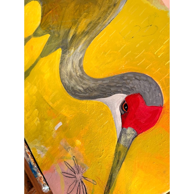 Electric Yellow "Bosque Beauty" Lovely Sandhill Crane Painting by LWren Walraven For Sale - Image 8 of 10