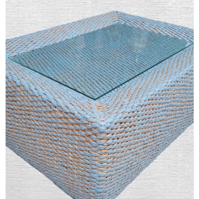 Wood Vintage Century Furniture Custom Painted Light Blue, Tan Rectangular Coastal Regency Wicker Coffee Table With Glass Top For Sale - Image 7 of 13