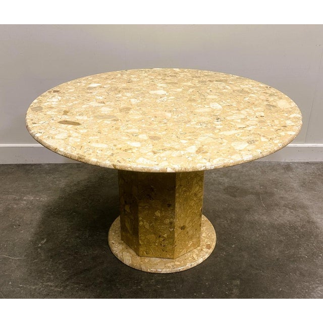 Round Breccia Marble Pedestal Table | 1980s Vintage Stone Dining Table | Postmod For Sale - Image 4 of 14