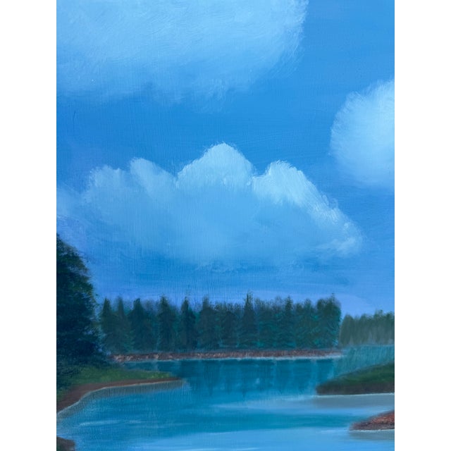 Blue Signed Original 1992 Oil Landscape Painting by J. Brown in Original Wood Frame For Sale - Image 8 of 12