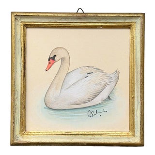 Original Hand-Painted Swan Painting in a Vintage Italian Frame For Sale