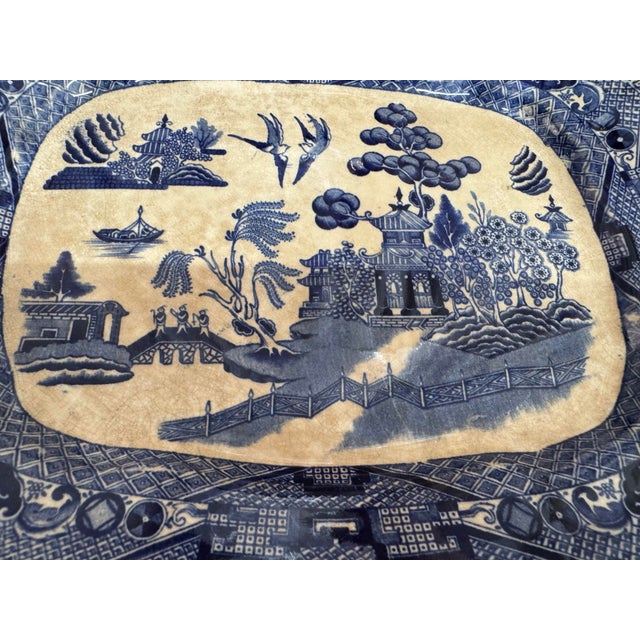 Antique C1907 “Blue Willow” design, transfer ware Chinoiserie blue and white small platter. Marked SemiVitreous Buffalo...