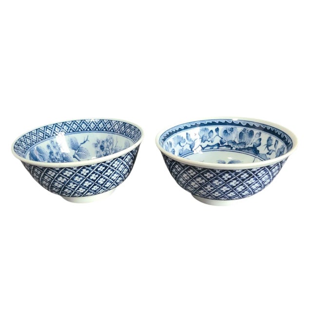 Ceramic Vintage Pair of Blue & White Porcelain Floral Japanese Asian Serving Rice Bowls, Marked For Sale - Image 7 of 7