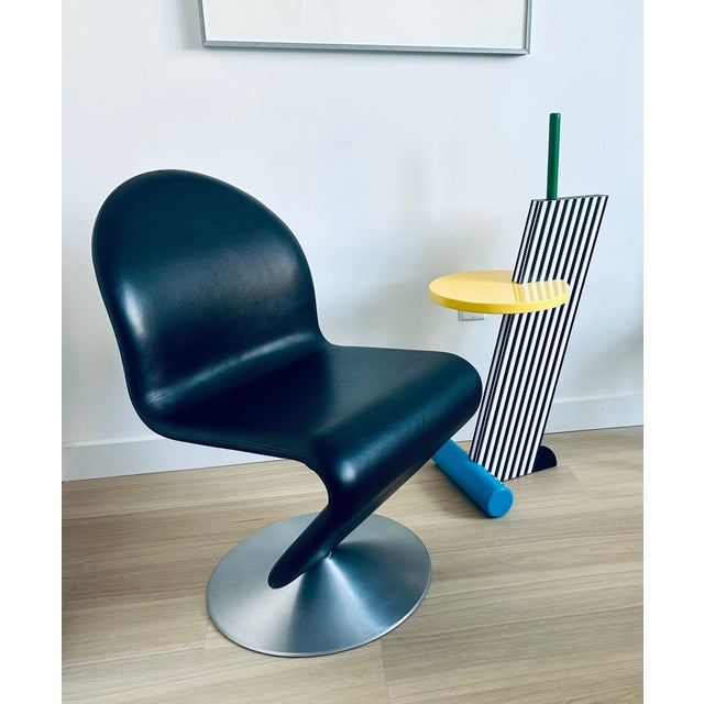 Verner Panton System 1-2-3 Swivel Chair Pair Black Leather Space Age Danish Knoll Vitra Eames For Sale In New York - Image 6 of 9