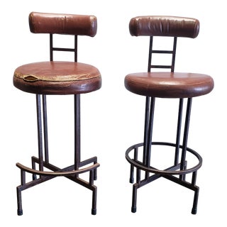 Vintage Mid Century Steel and Leather Barstools- A Pair For Sale