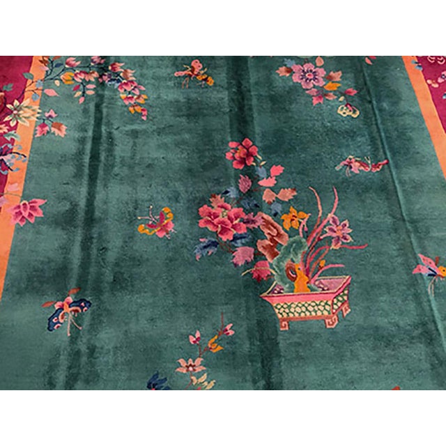 1920s Green Floral Antique Chinese Art Deco Rug 9' X 11'8" Handknotted Wool Carpet For Sale - Image 4 of 13