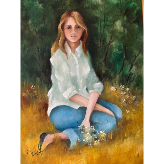 1970s Vintage E. Weight Portrait of a Girl in Landscape Oil on Canvas Painting, Framed For Sale In Miami - Image 6 of 12