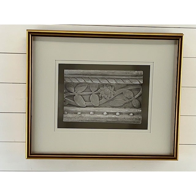 This very beautiful plaster flower design moulding is custom framed in a gold color wood shadow box frame with acrylic.