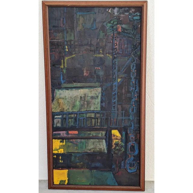 Mid Century Modern Brutalist Construction Scaffolding Architectural Building Oil Painting Framed For Sale - Image 12 of 12
