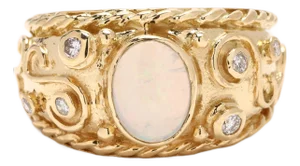1990s .10ctw Diamond and Opal Statement Ring, 18k Yellow Gold, Ring Size 5.5