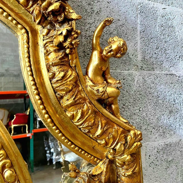 Glass Baroque Rococo Floor Mirror – Gold Leaf Finish With Angel Carvings, 6.6 Ft Tall Statement Mirror For Sale - Image 7 of 9