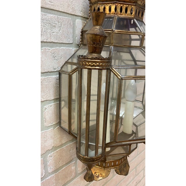 Mid 20th Century Vintage Spanish Brass With Leaded Glass Exterior Outdoor Lighting Sconce - Pair For Sale - Image 5 of 7