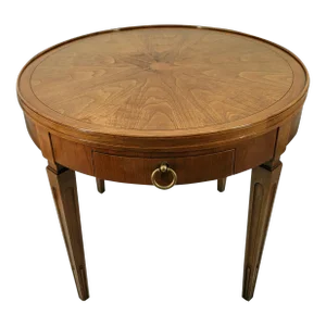 Mid 20th Century Baker Walnut Round Sunburst Gallery Top Drawer Side Table