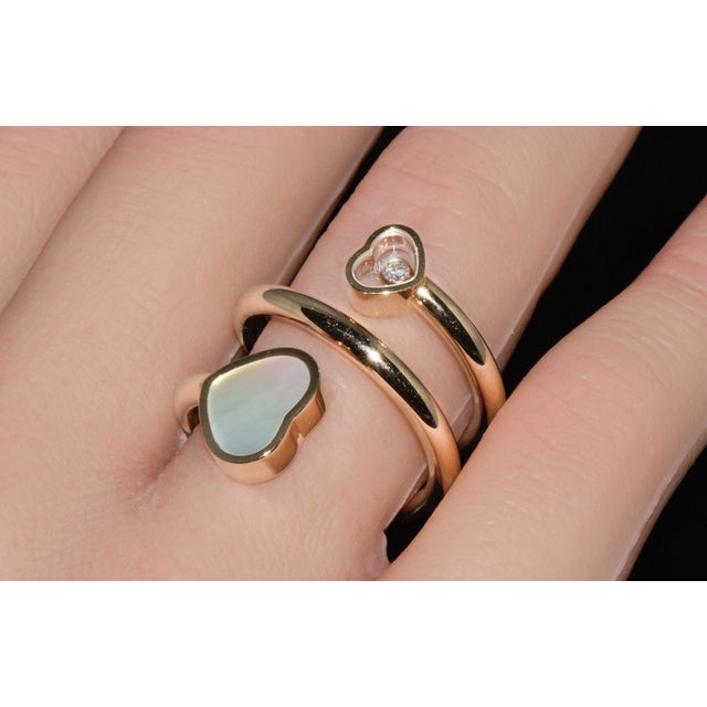 Authentic Chopard Happy Hearts Double Wrap Twist Ring in 18k Rose Gold With Mother of Pearl & Floating Diamond, Size 6.5 For Sale - Image 12 of 16