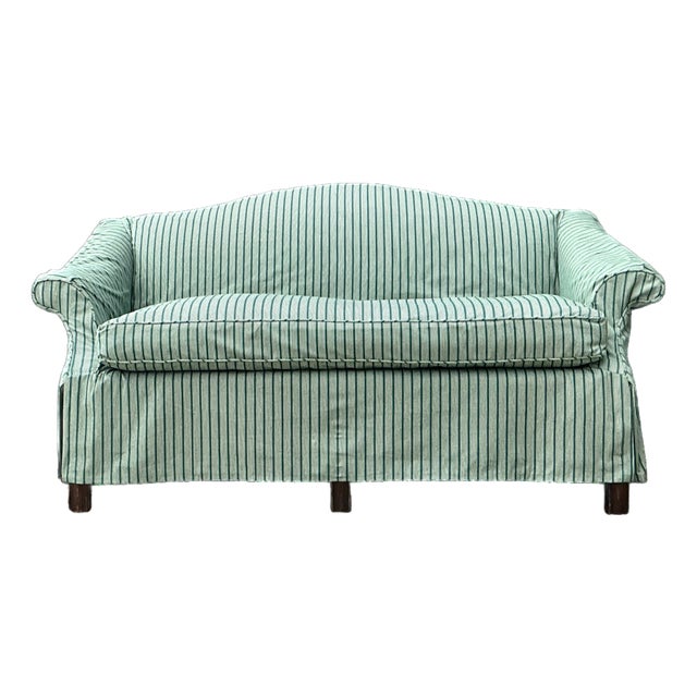 Vintage Striped Slip Covered Camelback Loveseat For Sale