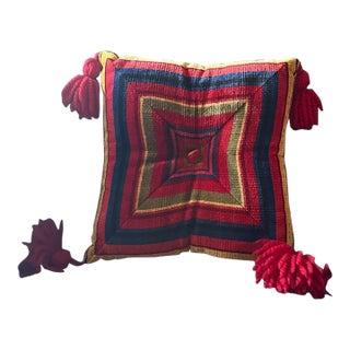 Vintage Handwoven Geometric Pillow With Oversized Red Tassels For Sale